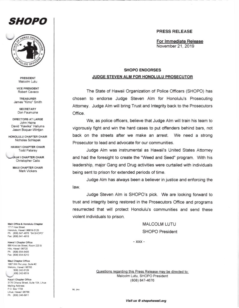 Stever Alm endorsement by SHOPO