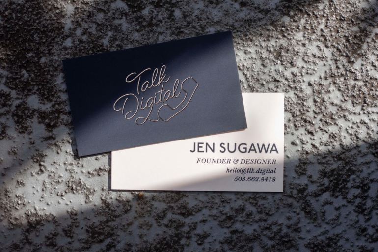 jennifer sugawa business card for her company called talk digital