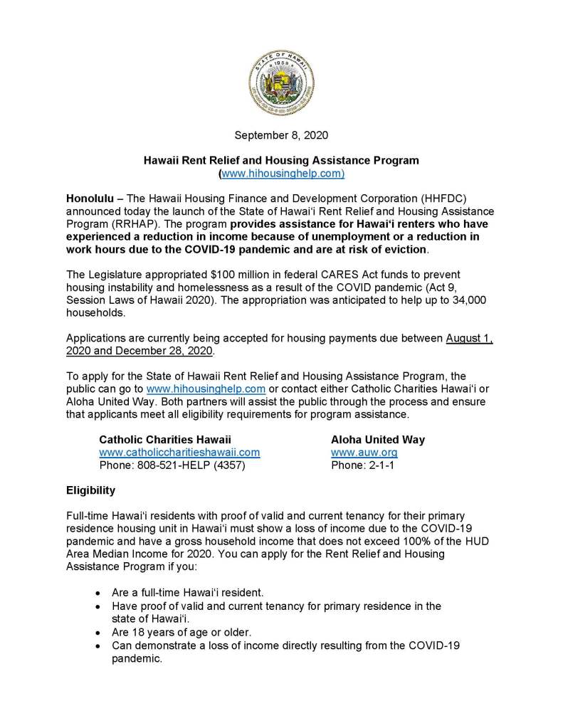 image detailing hawaii cover rent relief program