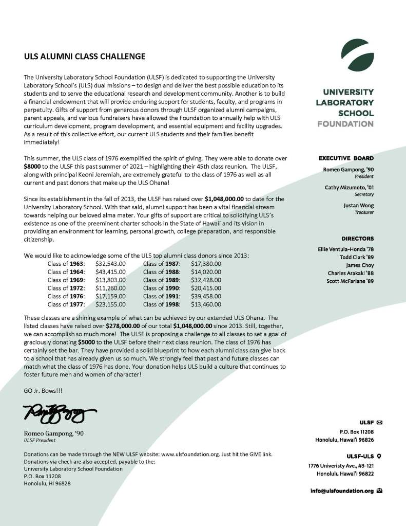 Letter regarding ULS Alumni Class Challenge September 2021